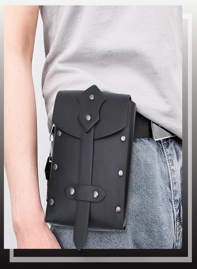 CALFOVERA 2PCS Medieval PU Leather Studded Belt Pouch Retro Renaissance Waist Bag Portable Viking Rivet Side Pack Adjustable Waist Pouch for Halloween Costume Cosplay LARP Events(Black) - Image 5